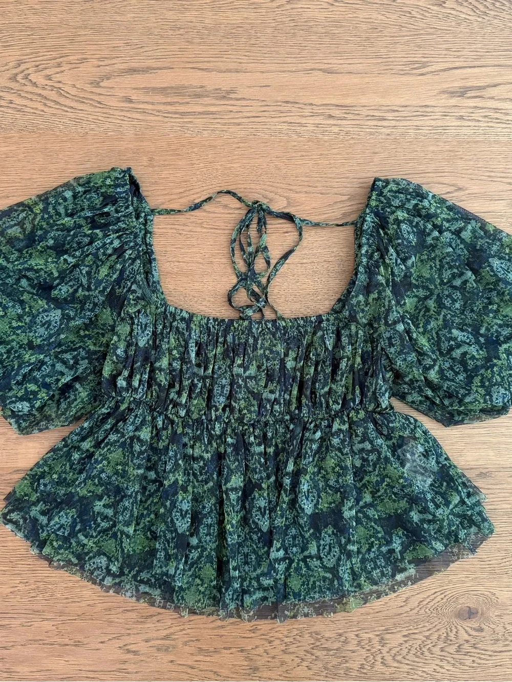 Free People Penelope Top M Green Black Sheer Puff Sleeve Smocked Peplum